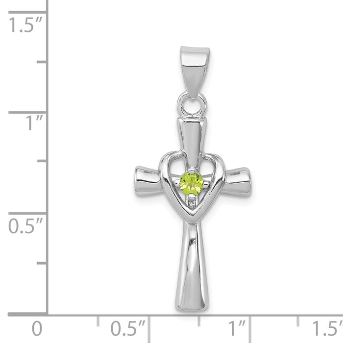 Million Charms 925 Sterling Silver Rhodium-Platedperidot Heart Relgious Cross Pendant