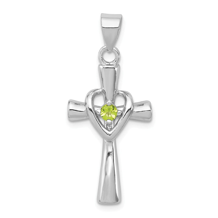 Million Charms 925 Sterling Silver Rhodium-Platedperidot Heart Relgious Cross Pendant