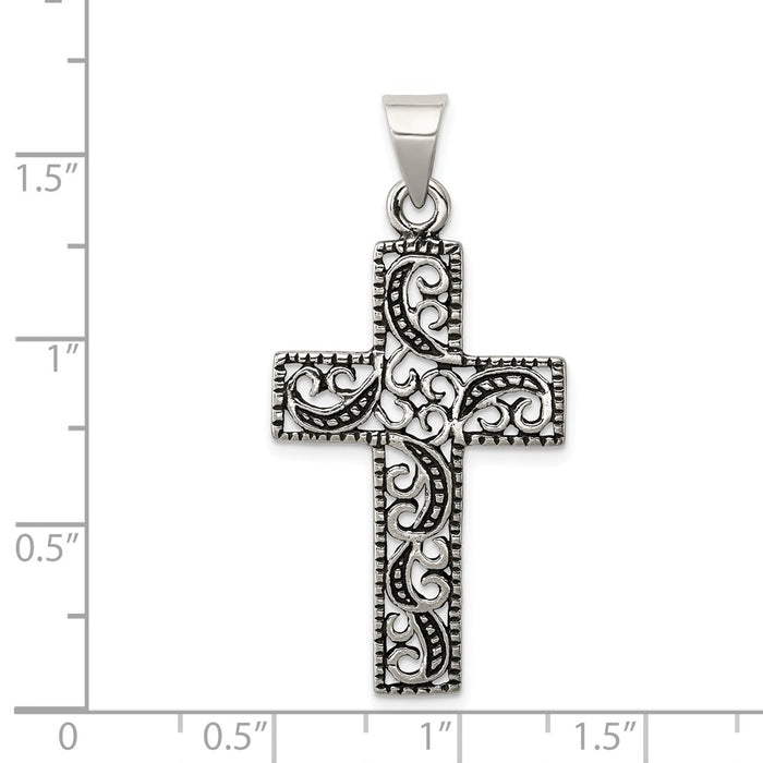 Million Charms 925 Sterling Silver Antiqued Scroll Relgious Cross Pendant