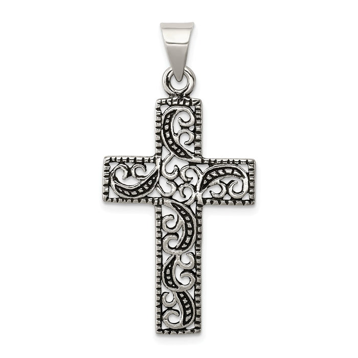 Million Charms 925 Sterling Silver Antiqued Scroll Relgious Cross Pendant