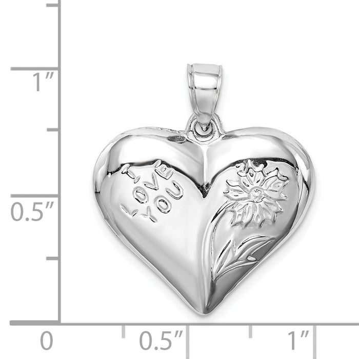 Million Charms 925 Sterling Silver Rhodium-Plated Polished Floral Puffed Heart Pendant