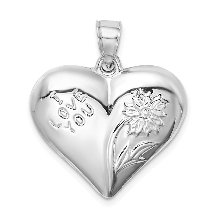 Million Charms 925 Sterling Silver Rhodium-Plated Polished Floral Puffed Heart Pendant