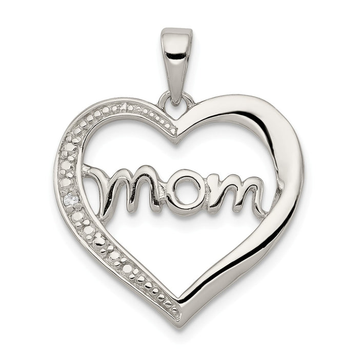 Million Charms 925 Sterling Silver Mom (Cubic Zirconia) CZ Heart Pendant