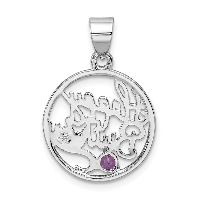 Million Charms 925 Sterling Silver Rhodium-Plated Amethyst Happy Birthday Pendant