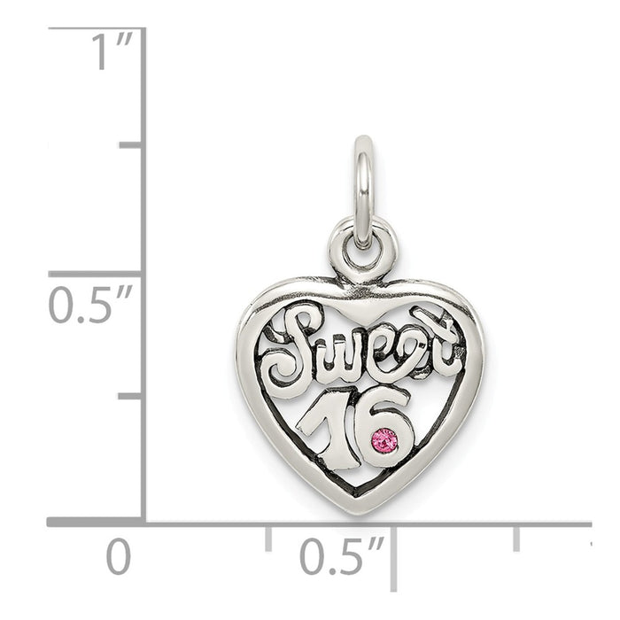 Million Charms 925 Sterling Silver Antiqued Sweet 16 Birthday Heart Charm