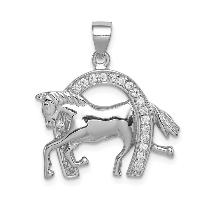 Million Charms 925 Sterling Silver Horse & Horseshoe (Cubic Zirconia) CZ Pendant