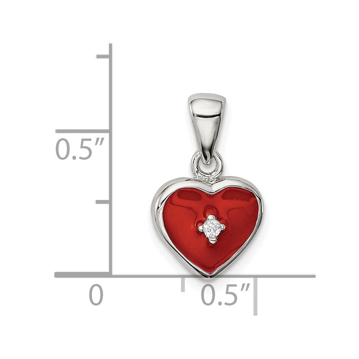 Million Charms 925 Sterling Silver Rhodium-Plated Red Enamel With (Cubic Zirconia) CZ Heart Pendant