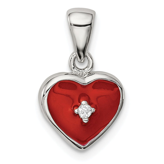 Million Charms 925 Sterling Silver Rhodium-Plated Red Enamel With (Cubic Zirconia) CZ Heart Pendant