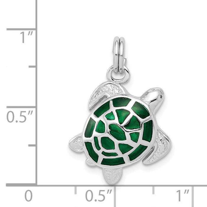 Million Charms 925 Sterling Silver Rhodium-Platedgreen Enamel Turtle Charm