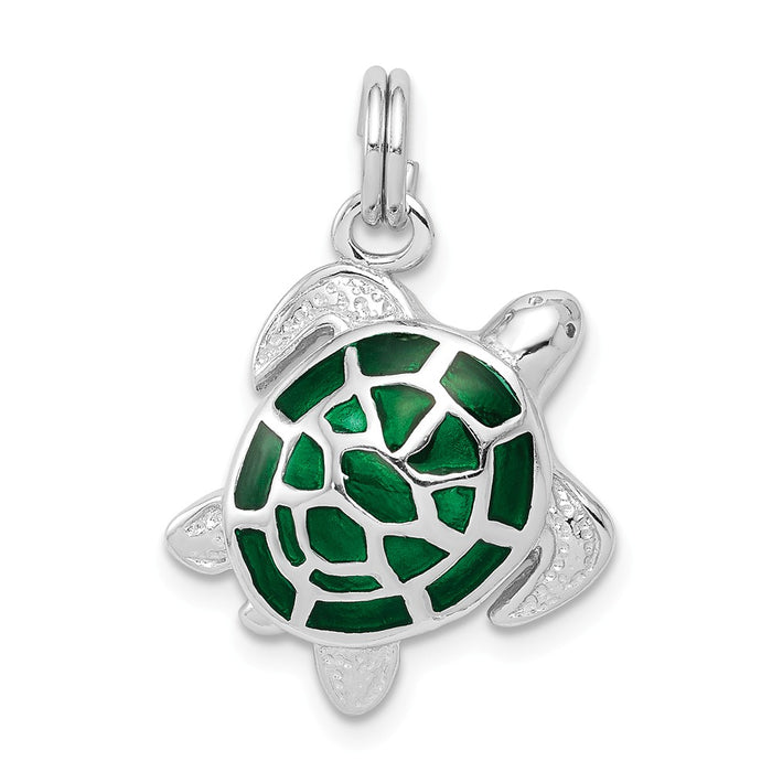 Million Charms 925 Sterling Silver Rhodium-Platedgreen Enamel Turtle Charm