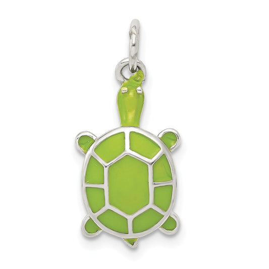 Million Charms 925 Sterling Silver Green Enameled Turtle Pendant
