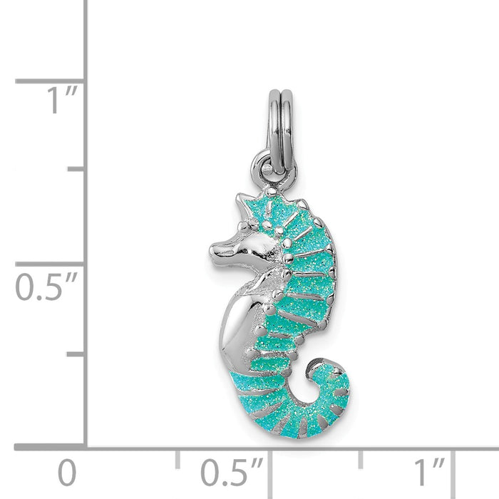 Million Charms 925 Sterling Silver Rhodium-Plated Green Glitter Enamel Nautical Seahorse Charm