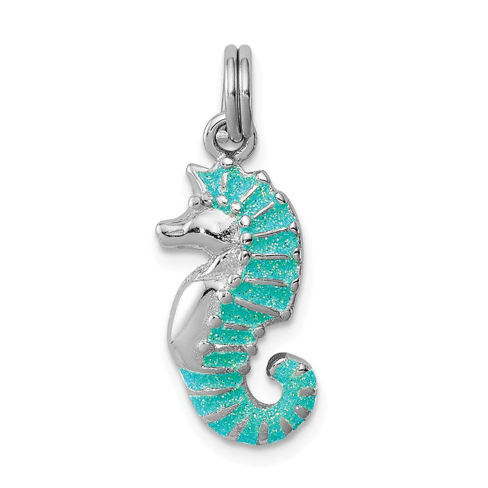 Million Charms 925 Sterling Silver Rhodium-Plated Green Glitter Enamel Nautical Seahorse Charm
