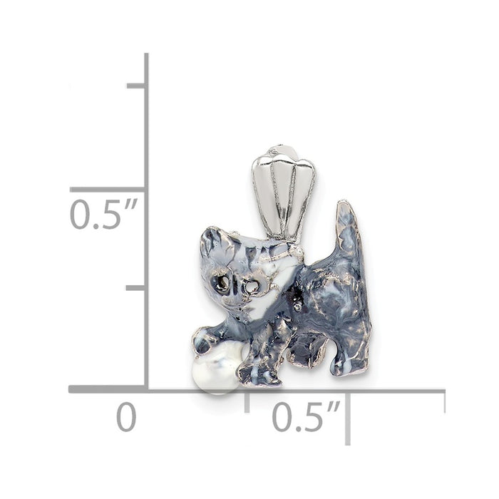Million Charms 925 Sterling Silver Enamel Grey & White Cat Pendant Playing With Ball