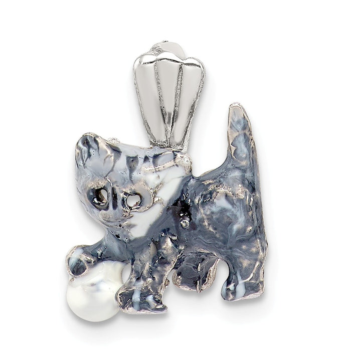 Million Charms 925 Sterling Silver Enamel Grey & White Cat Pendant Playing With Ball