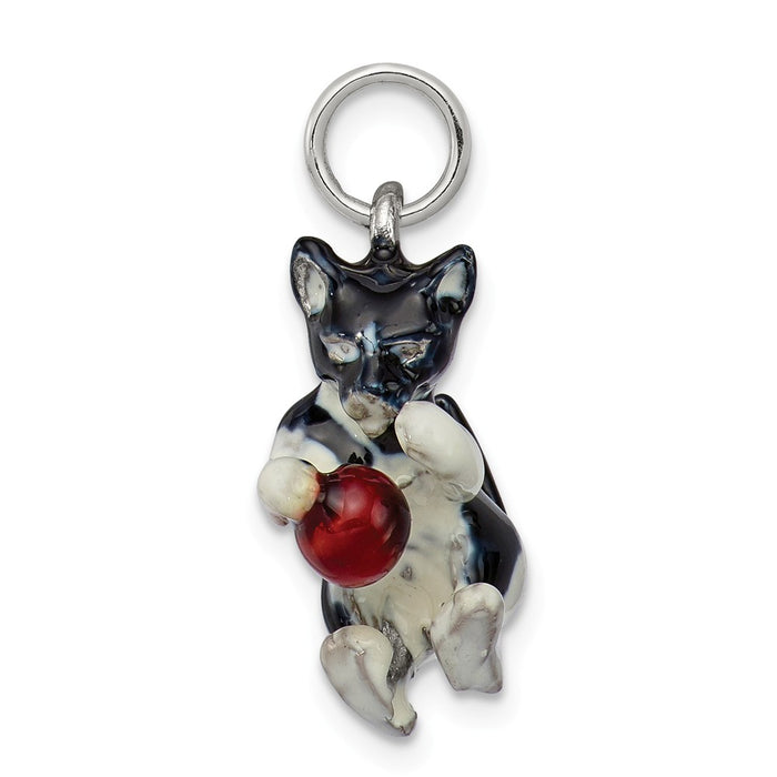 Million Charms 925 Sterling Silver Enamel Cat Playing With Red Ball Charm