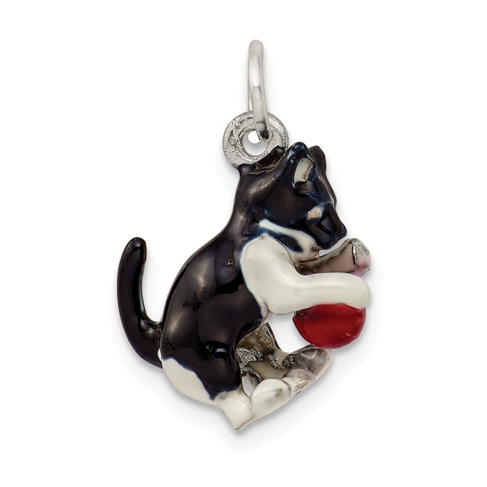 Million Charms 925 Sterling Silver Enamel Cat Playing With Red Ball Charm