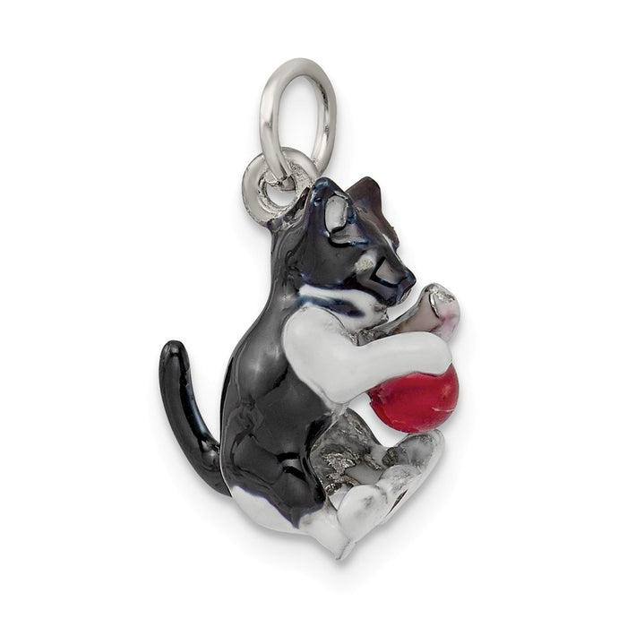 Million Charms 925 Sterling Silver Enamel Cat Playing With Red Ball Charm