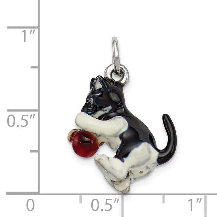 Million Charms 925 Sterling Silver Enamel Cat Playing With Red Ball Charm