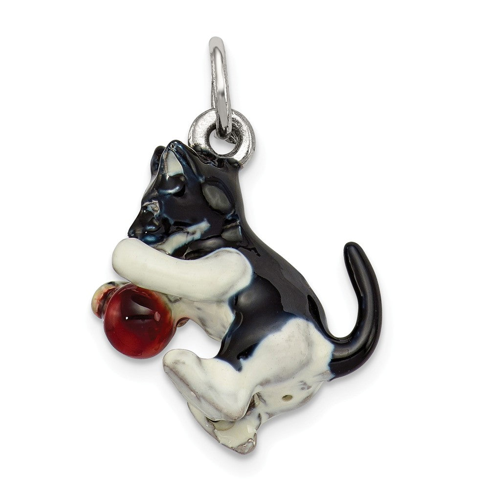 Million Charms 925 Sterling Silver Enamel Cat Playing With Red Ball Charm