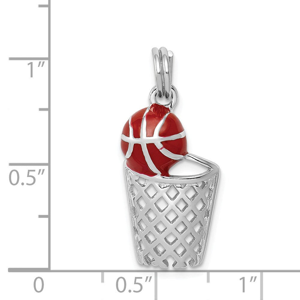 Million Charms 925 Sterling Silver Rhodium-Platedenamel Sports Basketball & Hoop Charm