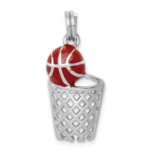 Million Charms 925 Sterling Silver Rhodium-Platedenamel Sports Basketball & Hoop Charm