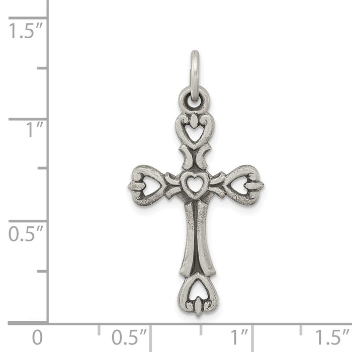 Million Charms 925 Sterling Silver Antiqued Heart Relgious Cross Charm