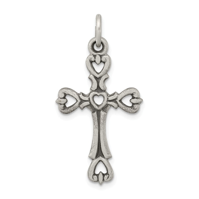 Million Charms 925 Sterling Silver Antiqued Heart Relgious Cross Charm