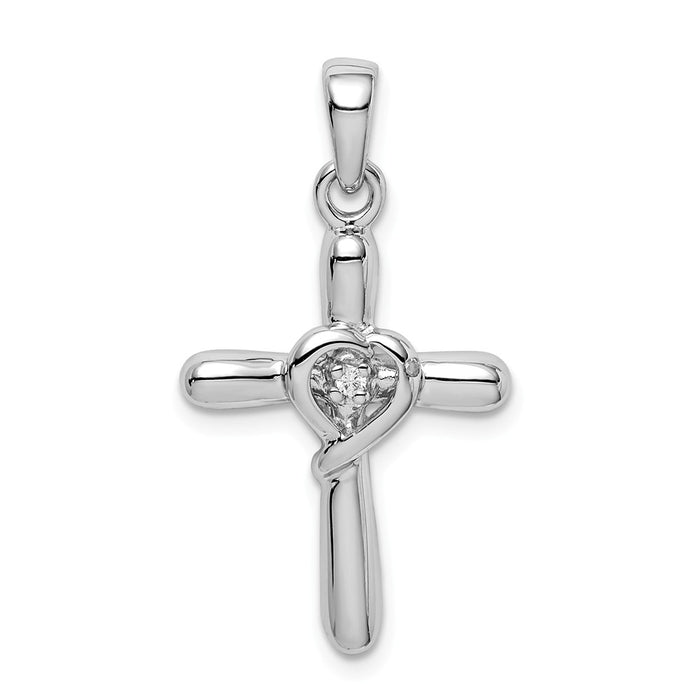 Million Charms 925 Sterling Silver Rhodium-Plated White (Cubic Zirconia) CZ Heart Relgious Cross Pendant