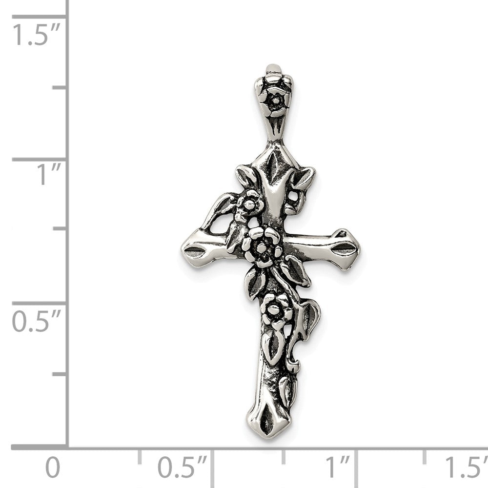 Million Charms 925 Sterling Silver Antiqued Flowered Relgious Cross Pendant