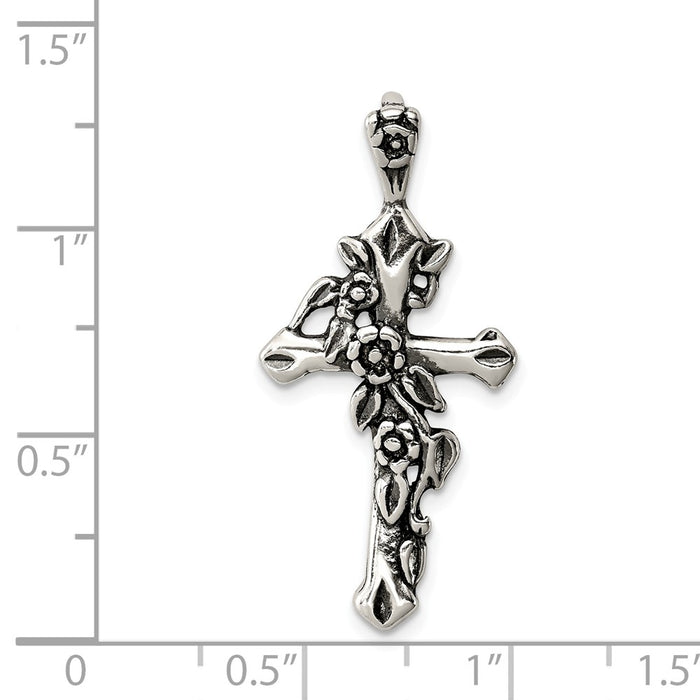 Million Charms 925 Sterling Silver Antiqued Flowered Relgious Cross Pendant