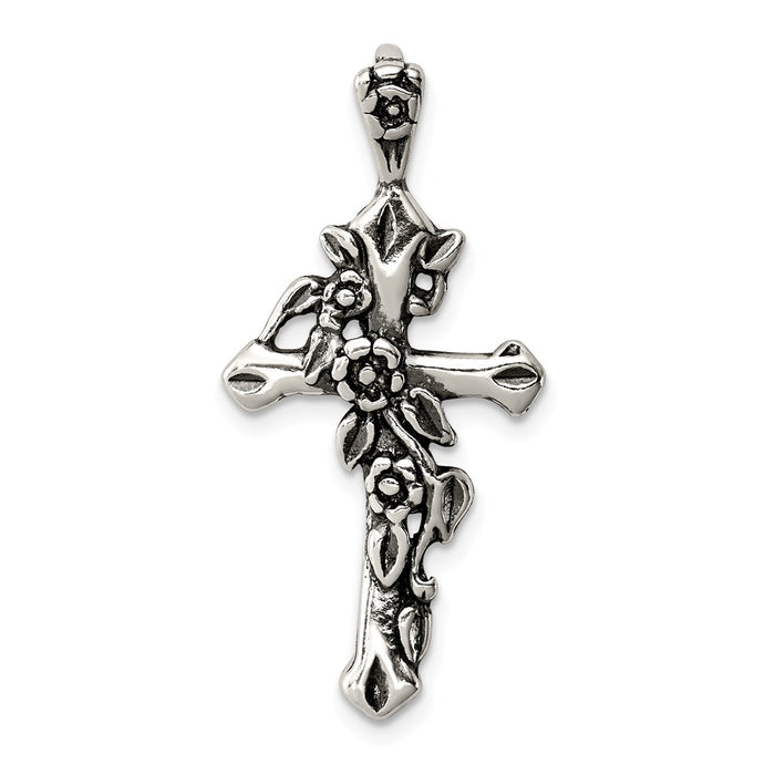 Million Charms 925 Sterling Silver Antiqued Flowered Relgious Cross Pendant