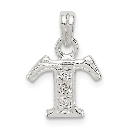 Million Charms 925 Sterling Silver (Cubic Zirconia) CZ Alphabet Letter Initial T Pendant