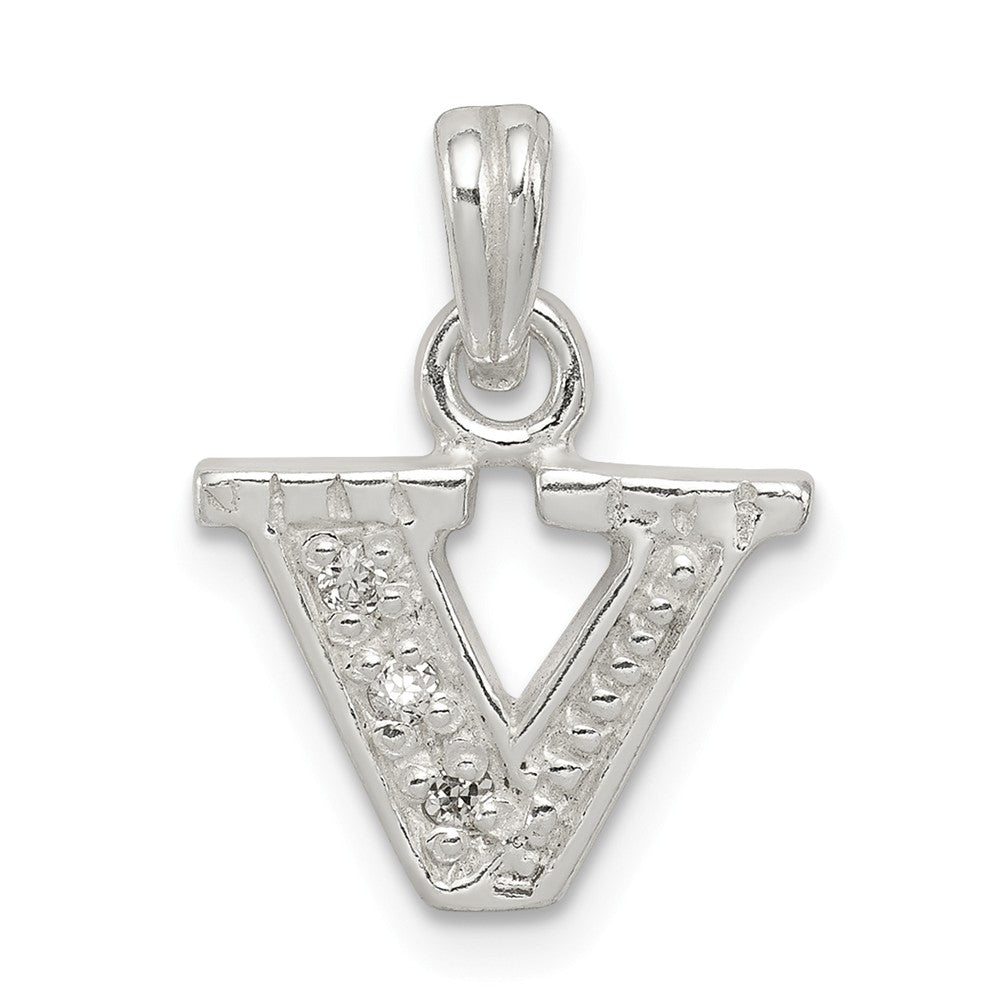 Million Charms 925 Sterling Silver (Cubic Zirconia) CZ Alphabet Letter Initial V Pendant