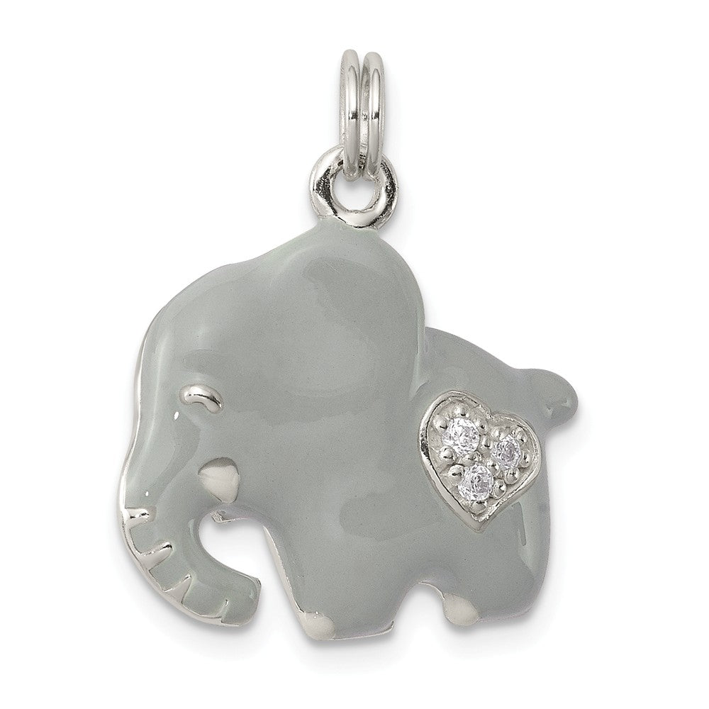 Million Charms 925 Sterling Silver (Cubic Zirconia) CZ Grey Enameled Polished Elephant Charm
