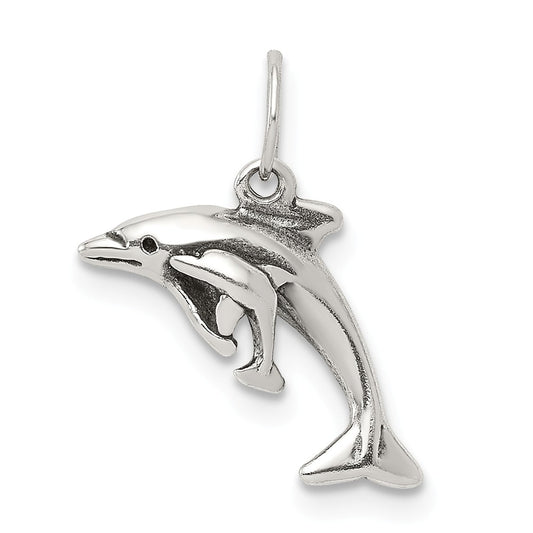 Million Charms 925 Sterling Silver Antiqued Dolphin With Baby Charm