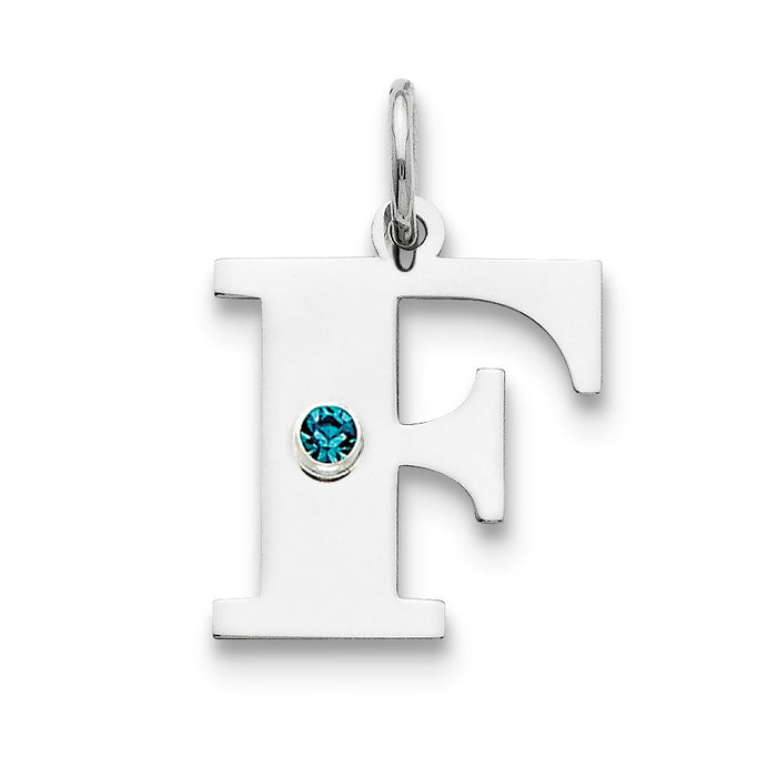 Million Charms 925 Sterling Silver Rhod-Plated Alphabet Letter Initial F Personalized With Birthday Month Colored Stone Charm