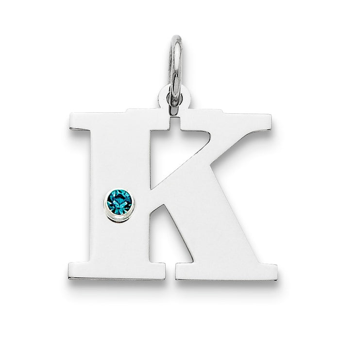 Million Charms 925 Sterling Silver Rhod-Plated Alphabet Letter Initial K Personalized With Birthday Month Colored Stone Charm