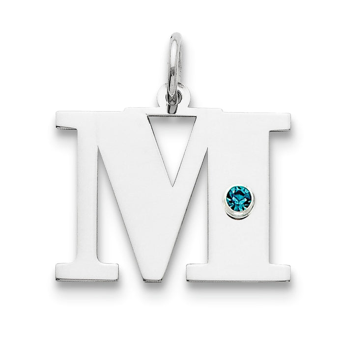Million Charms 925 Sterling Silver Rhod-Plated Alphabet Letter Initial M Personalized With Birthday Month Colored Stone Charm