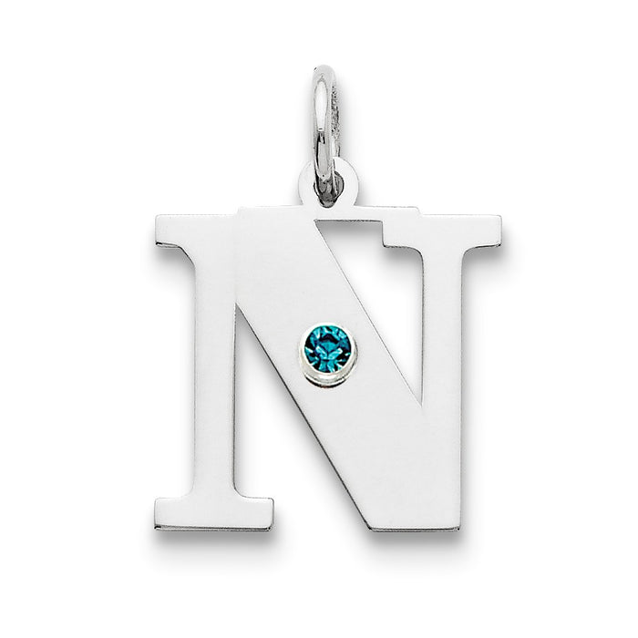 Million Charms 925 Sterling Silver Rhod-Plated Alphabet Letter Initial N Personalized With Birthday Month Colored Stone Charm