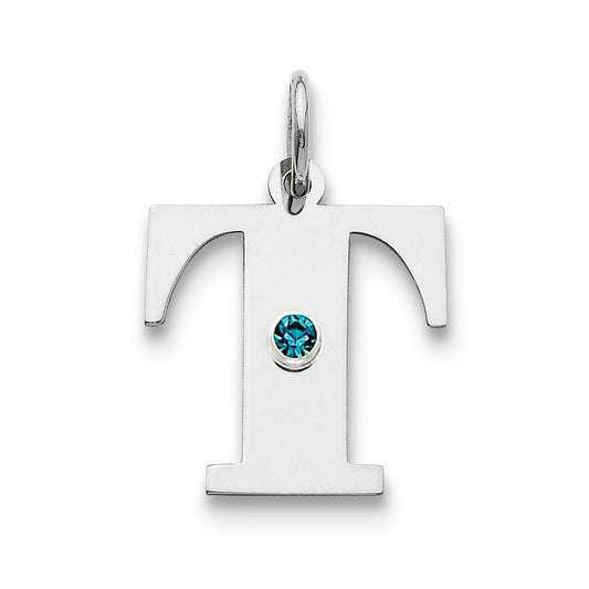 Million Charms 925 Sterling Silver Rhod-Plated Alphabet Letter Initial T Personalized With Birthday Month Colored Stone Charm