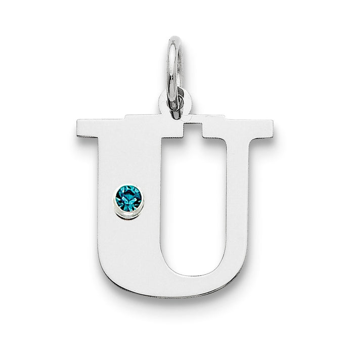 Million Charms 925 Sterling Silver Rhod-Plated Alphabet Letter Initial U Personalized With Birthday Month Colored Stone Charm