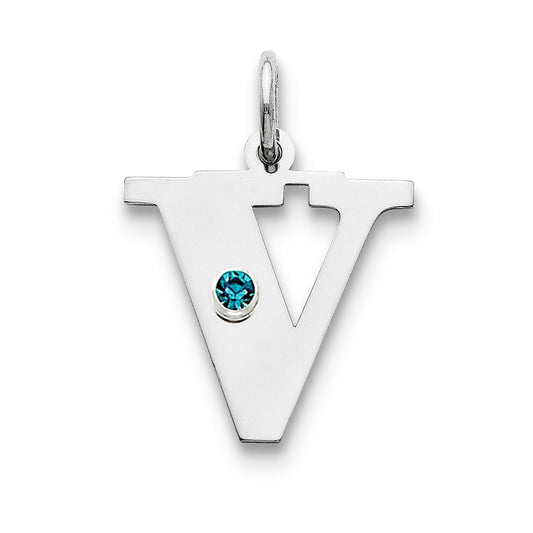 Million Charms 925 Sterling Silver Rhod-Plated Alphabet Letter Initial V Personalized With Birthday Month Colored Stone Charm