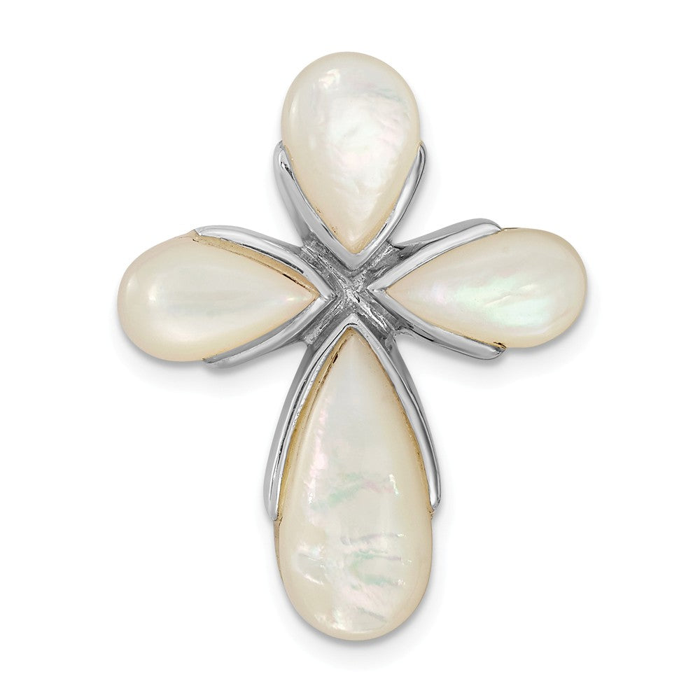Million Charms 925 Sterling Silver Rhodium-Plated Mother Of Pearl Relgious Cross Chain Slide