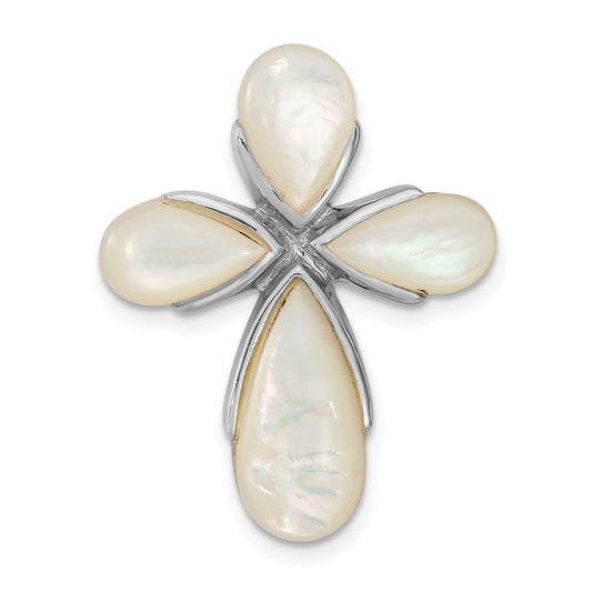 Million Charms 925 Sterling Silver Rhodium-Plated Mother Of Pearl Relgious Cross Chain Slide