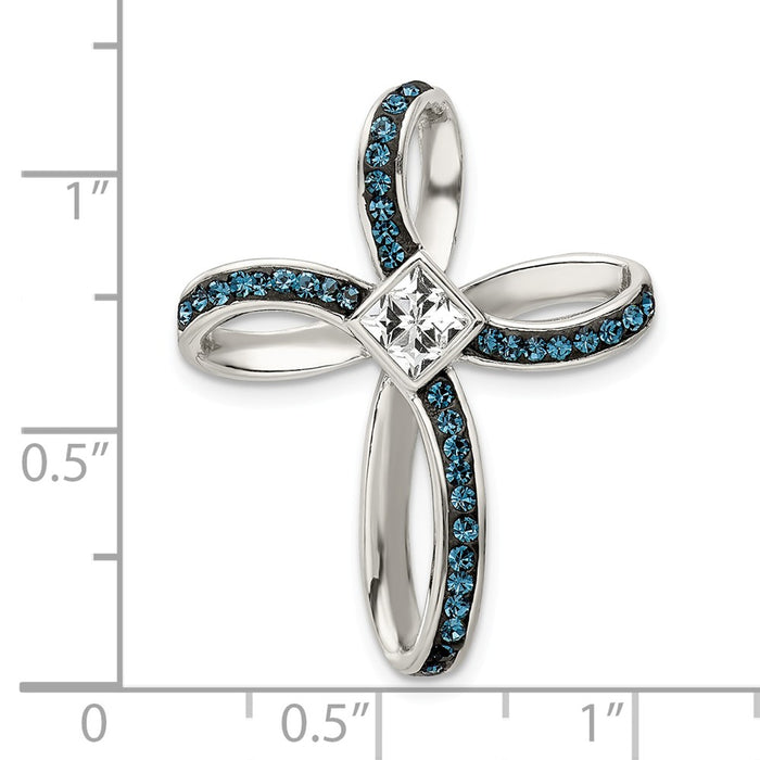 Million Charms 925 Sterling Silver Blue/White Crystal Relgious Cross Slide