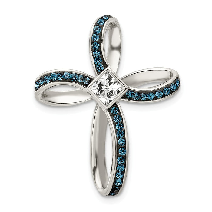 Million Charms 925 Sterling Silver Blue/White Crystal Relgious Cross Slide