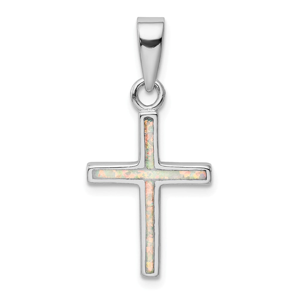 Million Charms 925 Sterling Silver Rhodium-Plated White Lab Created Opal Relgious Cross Pendant