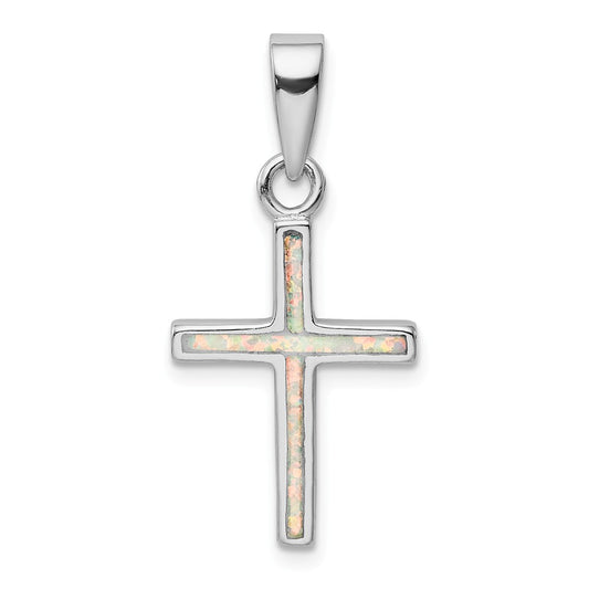 Million Charms 925 Sterling Silver Rhodium-Plated White Lab Created Opal Relgious Cross Pendant