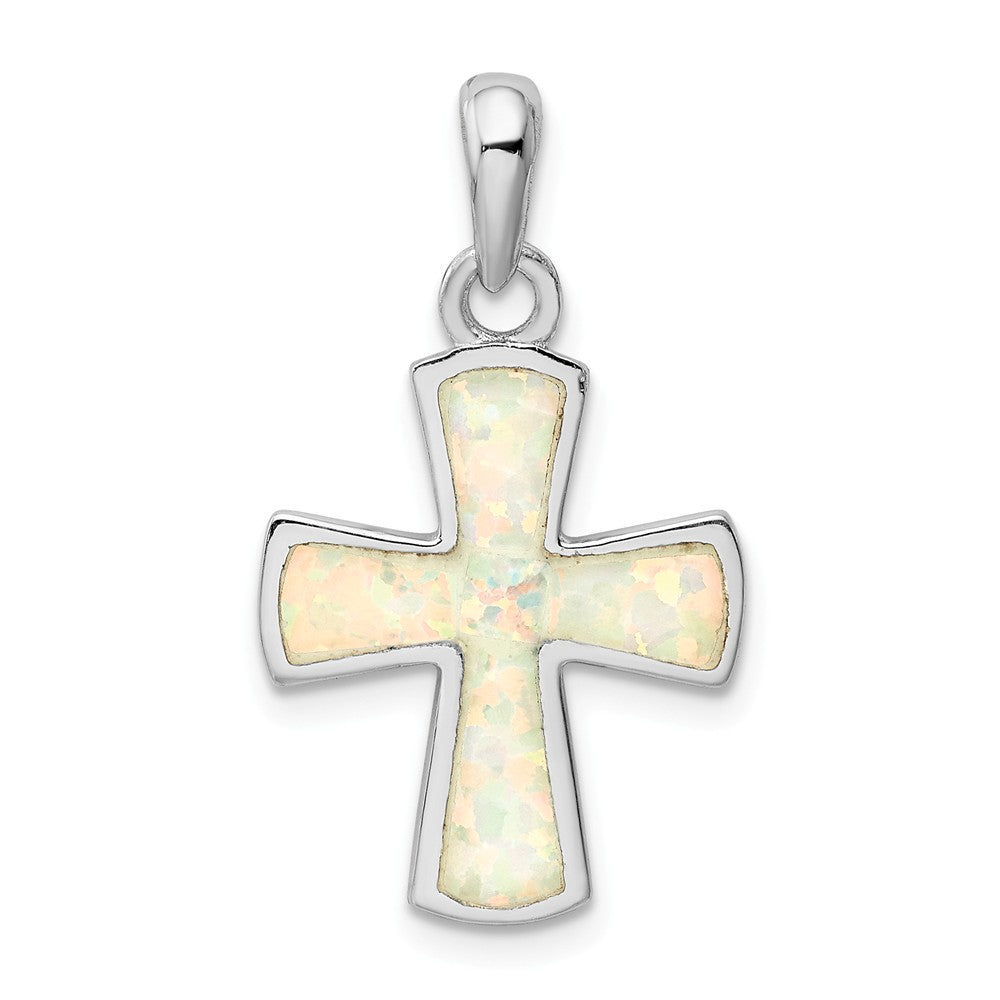 Million Charms 925 Sterling Silver Rhodium-Plated White Lab Created Opal Relgious Cross Pendant